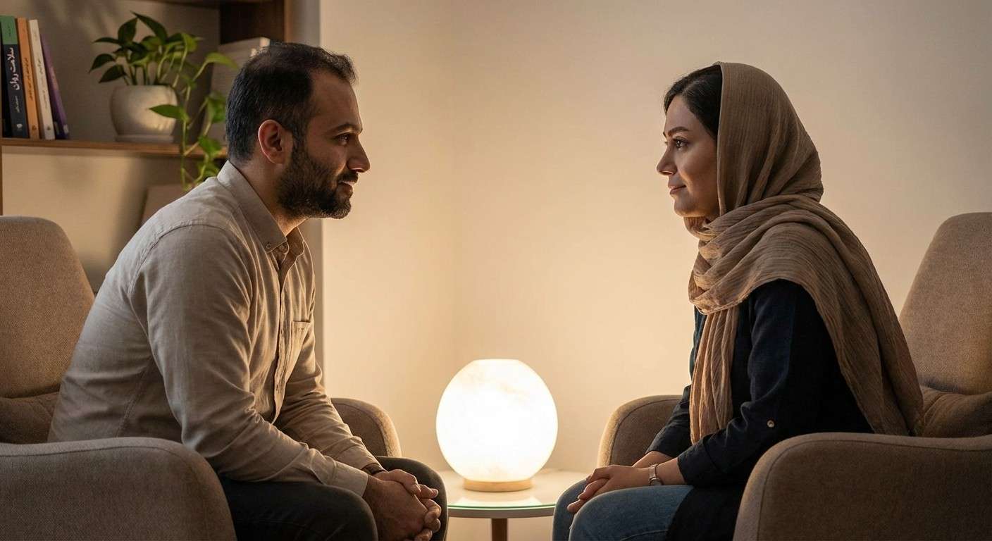 دو چهره نیمرخ که به یکدیگر نگاه می‌کنند و فضایی نورانی بین آن‌ها شکل گرفته است.