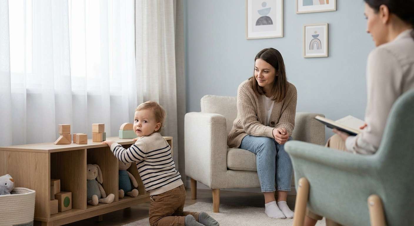 کودکی نوپا که با کنجکاوی در حال کاوش محیط اطرافش است و مادرش با لبخند از فاصله نزدیک او را تماشا می‌کند.