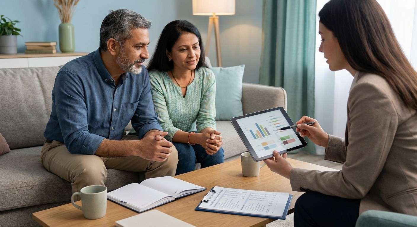 یک زوج به همراه درمانگر در حال بررسی یک نمودار یا پروفایل هستند که نشان‌دهنده نتایج ارزیابی MSI-R است.