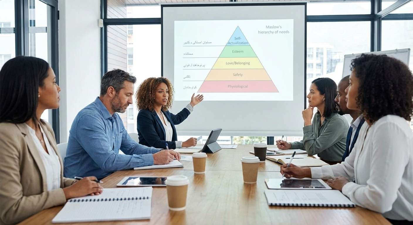 نمودار هرم نیازهای مزلو با پنج طبقه فیزیولوژیک، امنیت، عشق/تعلق، احترام و خودشکوفایی.