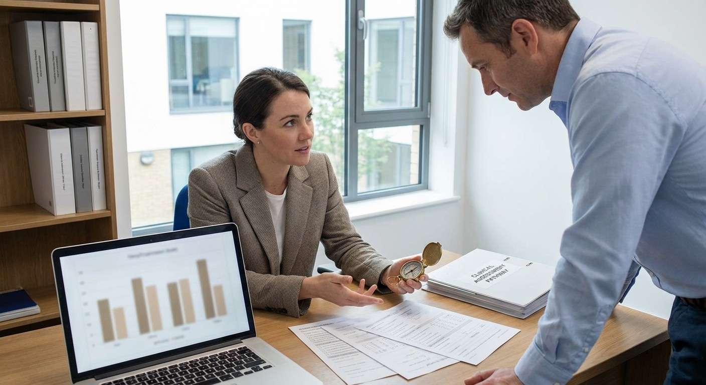 یک قطب‌نما در دست یک متخصص که مسیر ارزیابی بالینی را نشان می‌دهد. ابزارهای مختلف مانند MCMI به این جهت‌یابی کمک می‌کنند.