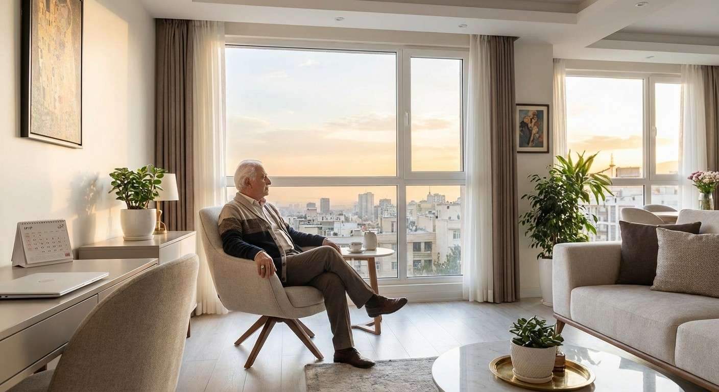 سالمندی که در حال تماشای غروب خورشید از پنجره است، نمادی از تأمل و تفکر در سال‌های پایانی عمر.