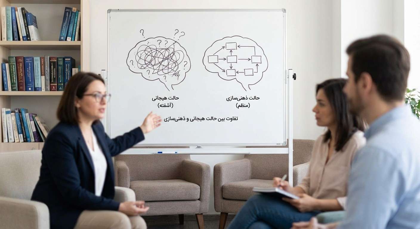 نموداری ساده که دو مغز را نشان می‌دهد؛ یکی با افکار آشفته و دیگری با افکار منظم، نماد تفاوت بین حالت هیجانی و حالت ذهنی‌سازی.