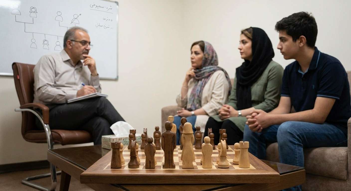 تصویری از یک صفحه شطرنج که مهره‌ها نماد اعضای خانواده هستند، نشان‌دهنده حرکت‌های راهبردی در روابط.