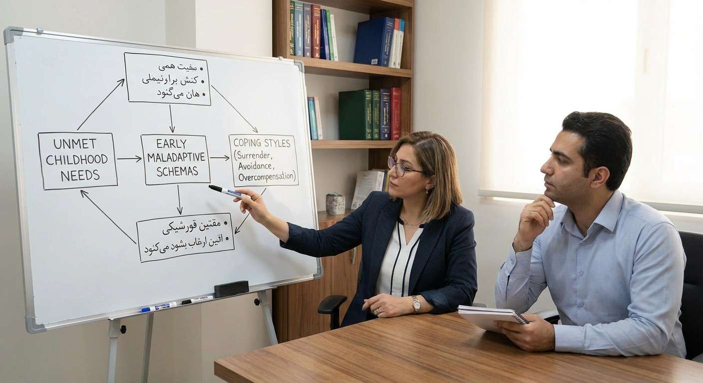 نموداری که نشان می‌دهد چگونه نیازهای برآورده‌نشده در کودکی منجر به شکل‌گیری طرحواره‌های ناسازگار و سبک‌های مقابله‌ای مختلف می‌شود.