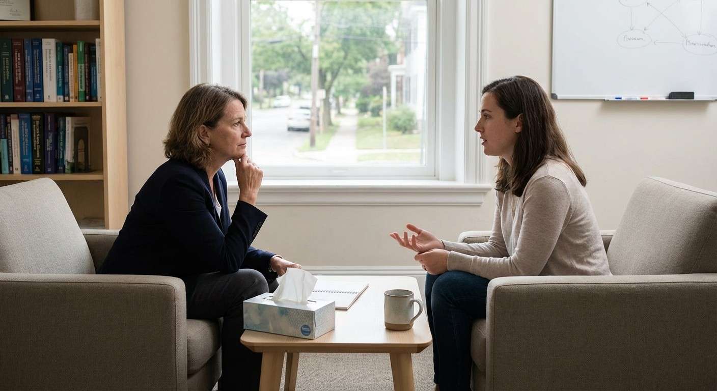 یک درمانگر و مراجع در حال گفتگوی عمیق و همدلانه، نمادی از فرآیند درک شخصیت در روان‌درمانی.