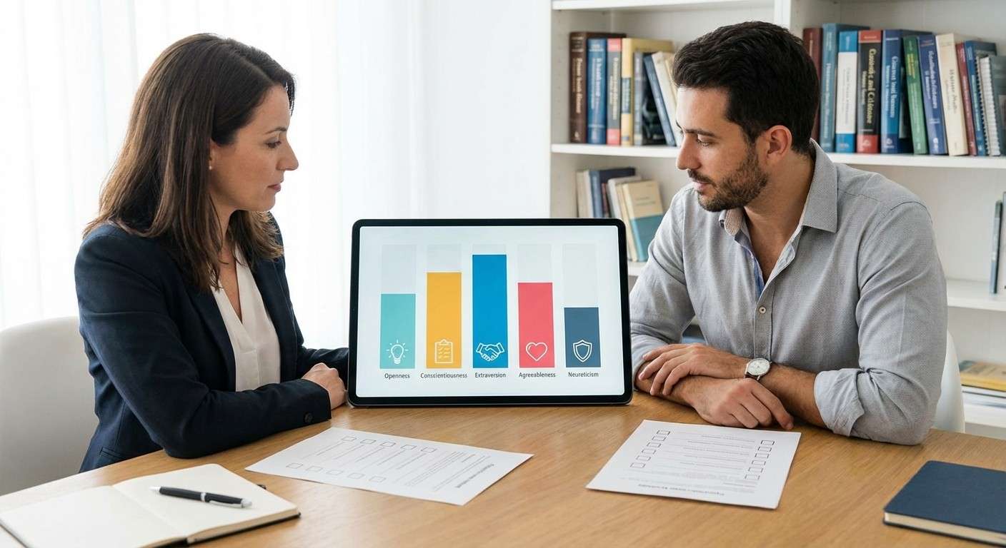 نمودار گرافیکی پنج عامل بزرگ شخصیت که هر عامل را با یک آیکون نمایش می‌دهد.