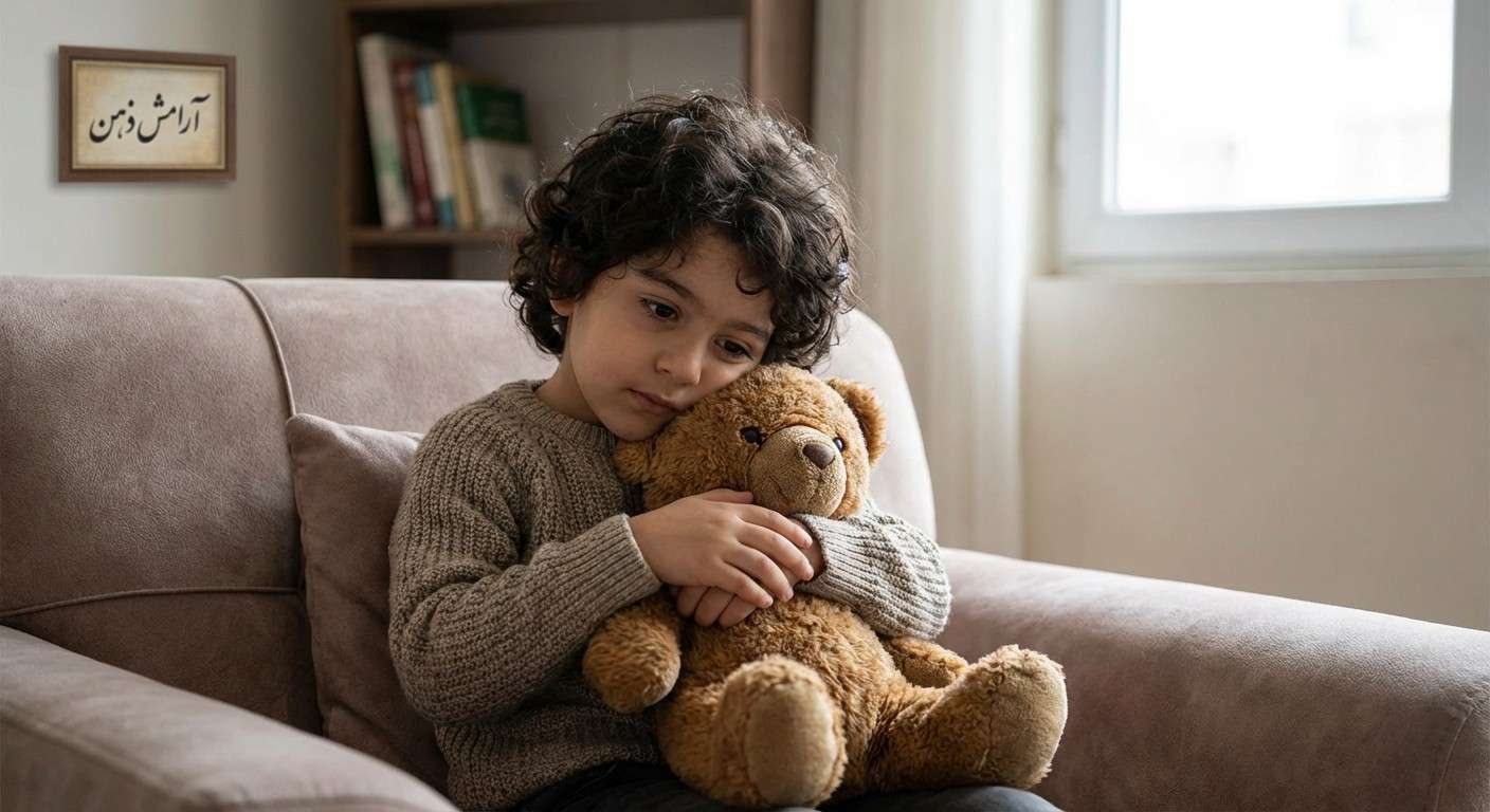 کودکی که یک خرس عروسکی را به عنوان شیء انتقالی در آغوش گرفته است.