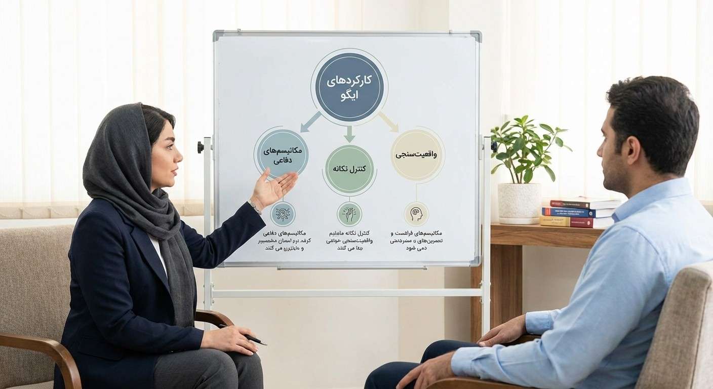 نموداری که کارکردهای مختلف ایگو مانند واقعیت‌سنجی، کنترل تکانه و مکانیسم‌های دفاعی را نشان می‌دهد.