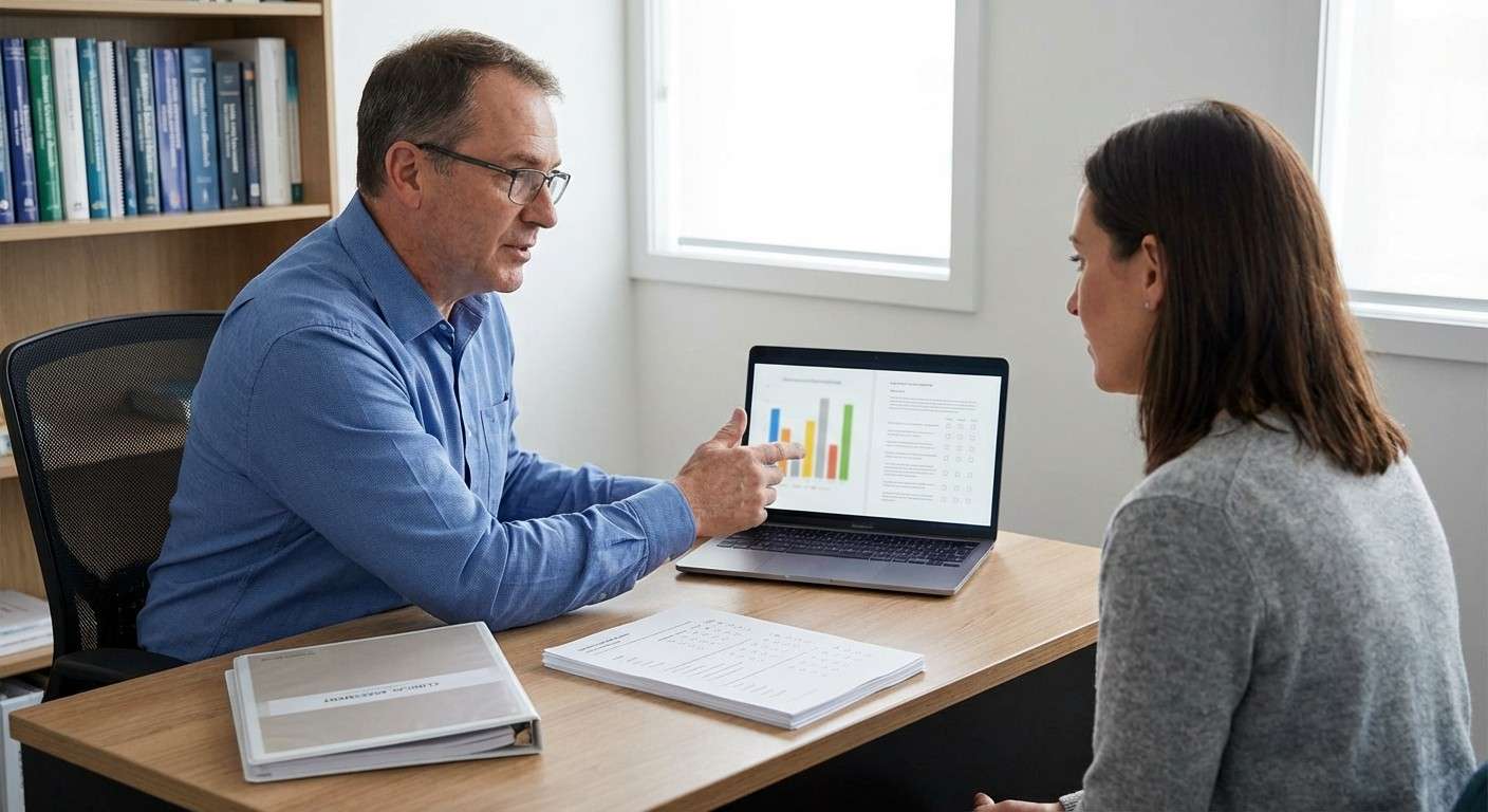 یک متخصص در حال بررسی نتایج آزمون PAI برای برنامه‌ریزی یک مداخله درمانی مؤثر.