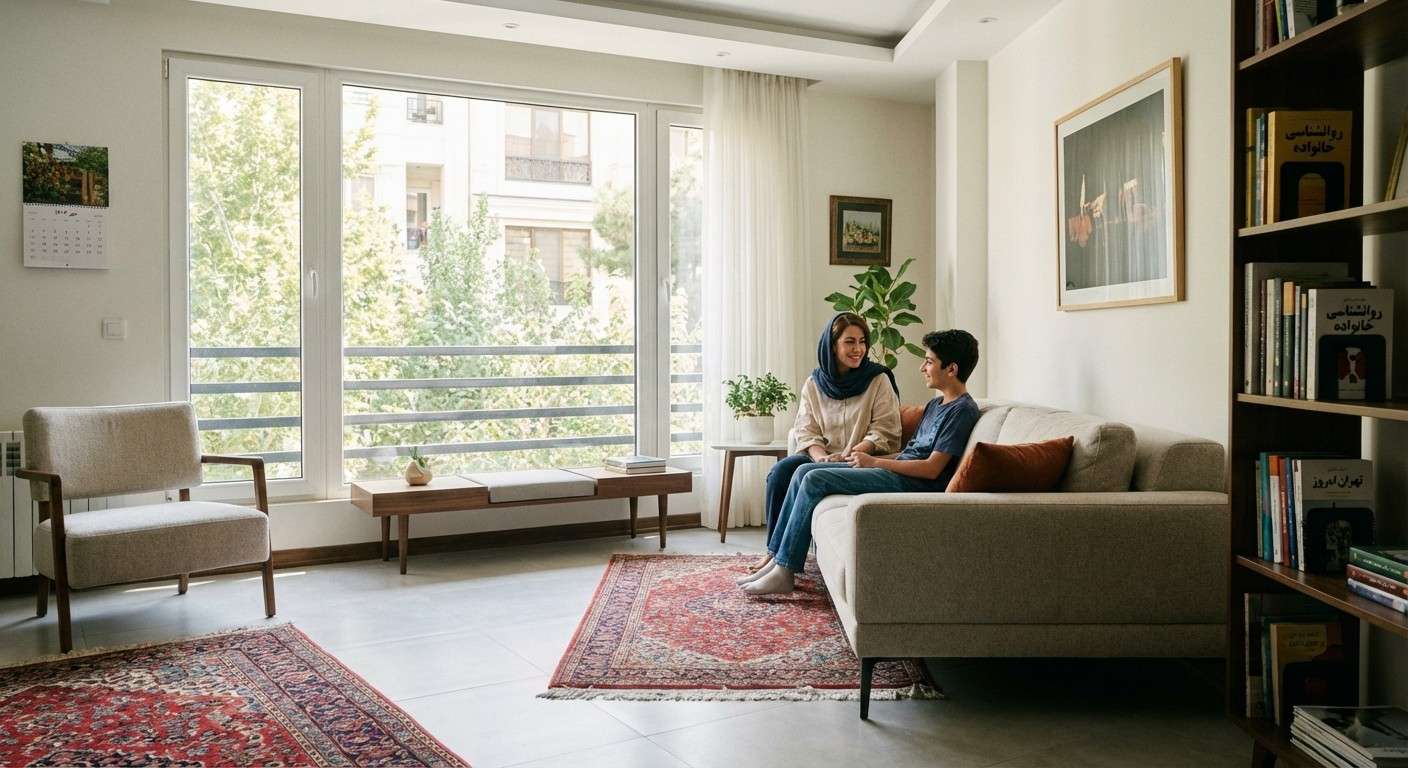 یک والد و فرزند نوجوانش که روی کاناپه نشسته‌اند و با لبخند و آرامش با یکدیگر صحبت می‌کنند.