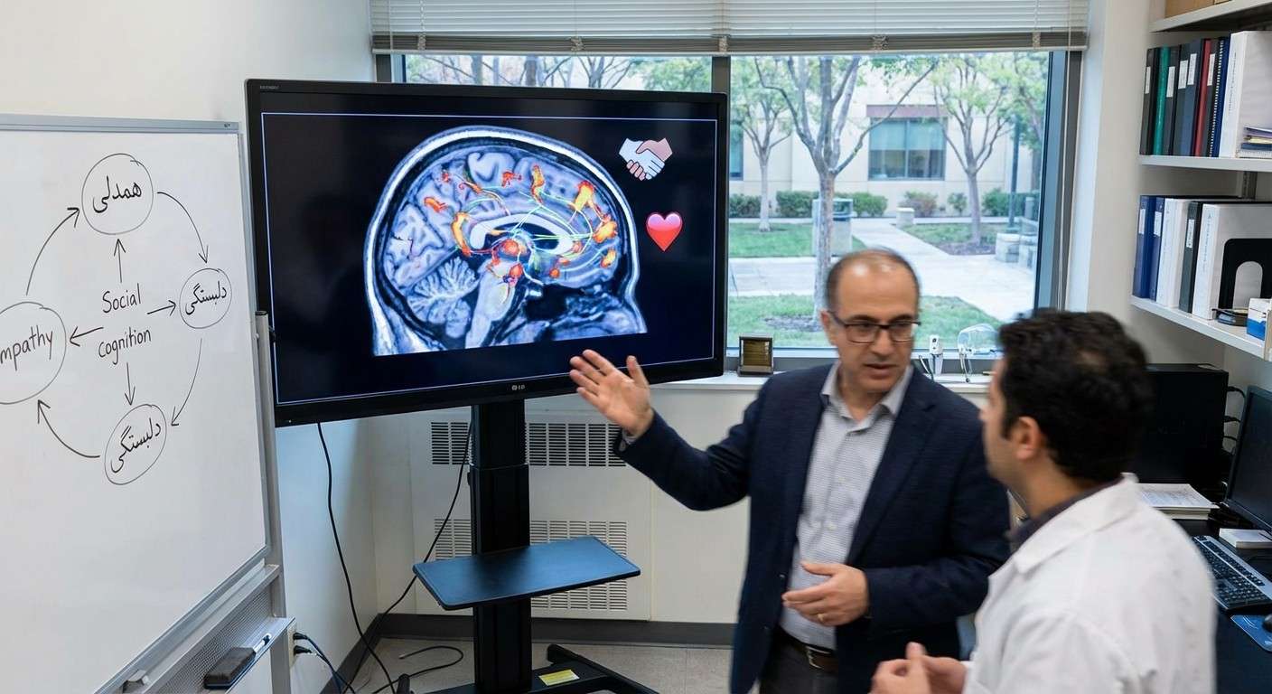 تصویری از مدارهای عصبی در مغز که با نمادهای همدلی و دلبستگی در هم تنیده شده‌اند.