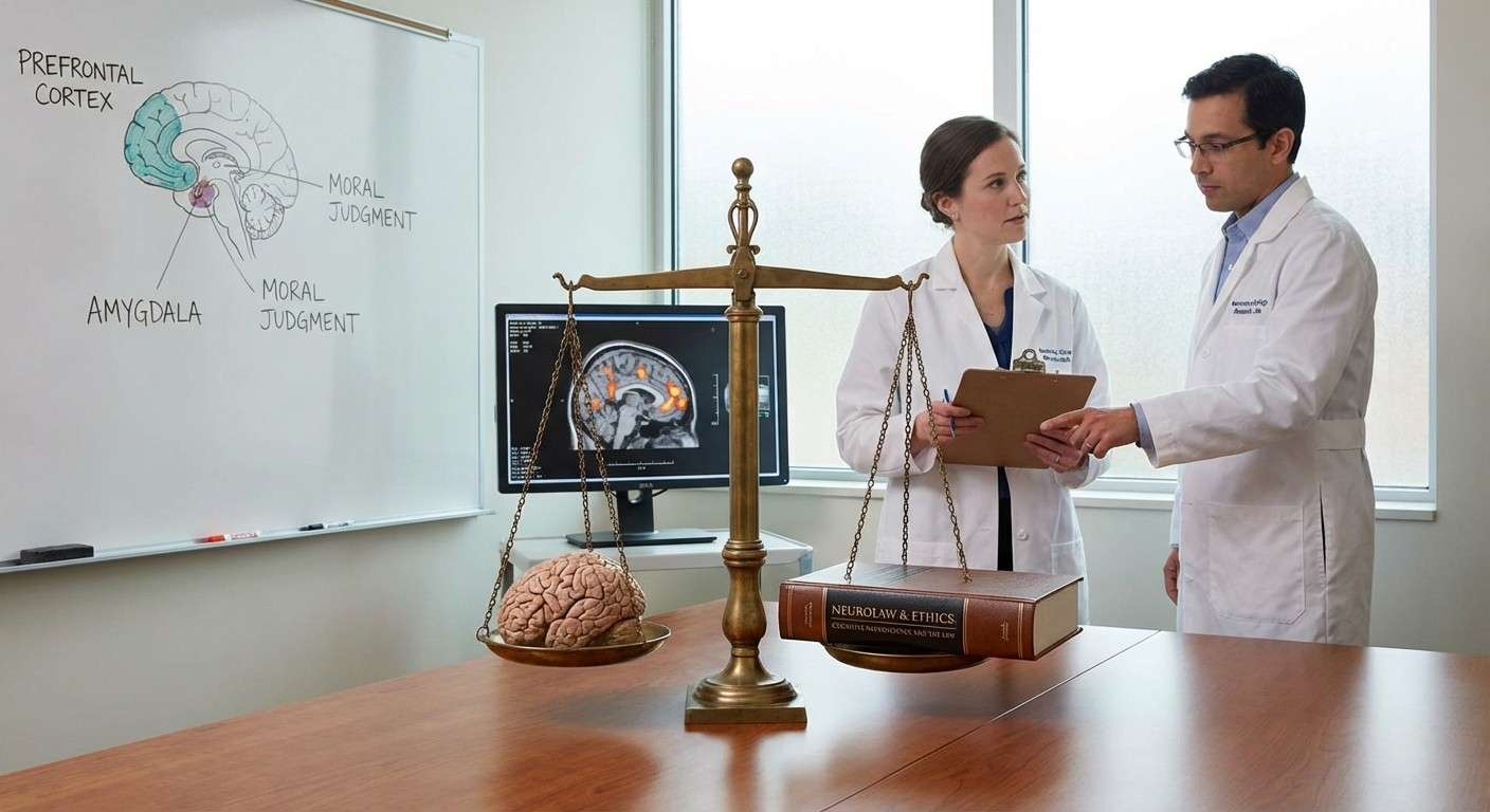 یک ترازوی عدالت که در یک کفه آن مغز انسان و در کفه دیگر کتاب قانون قرار دارد.