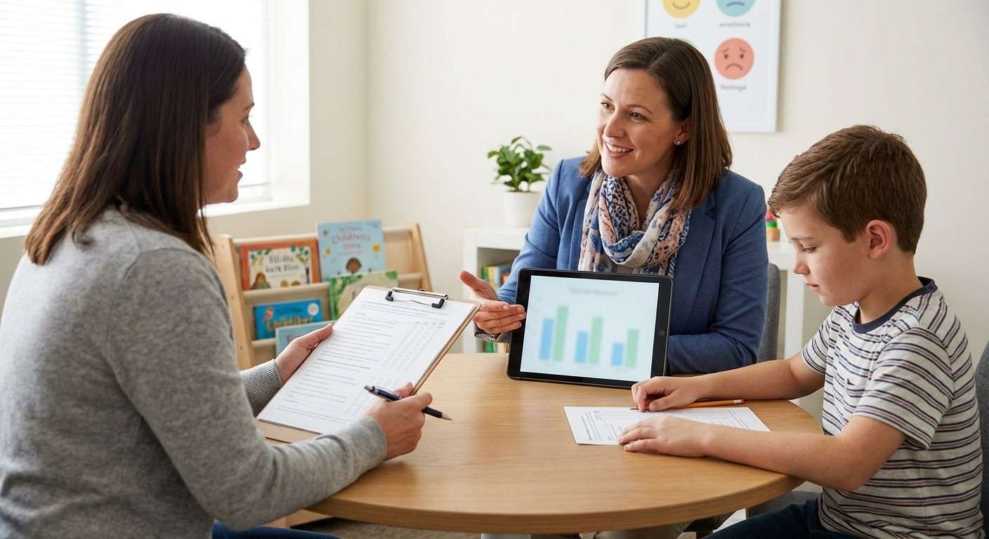 پزشک اطفال با لبخند در حال صحبت با مادر و فرزندی در مطب است، نمادی از ادغام سلامت روان در مراقبت‌های اولیه.