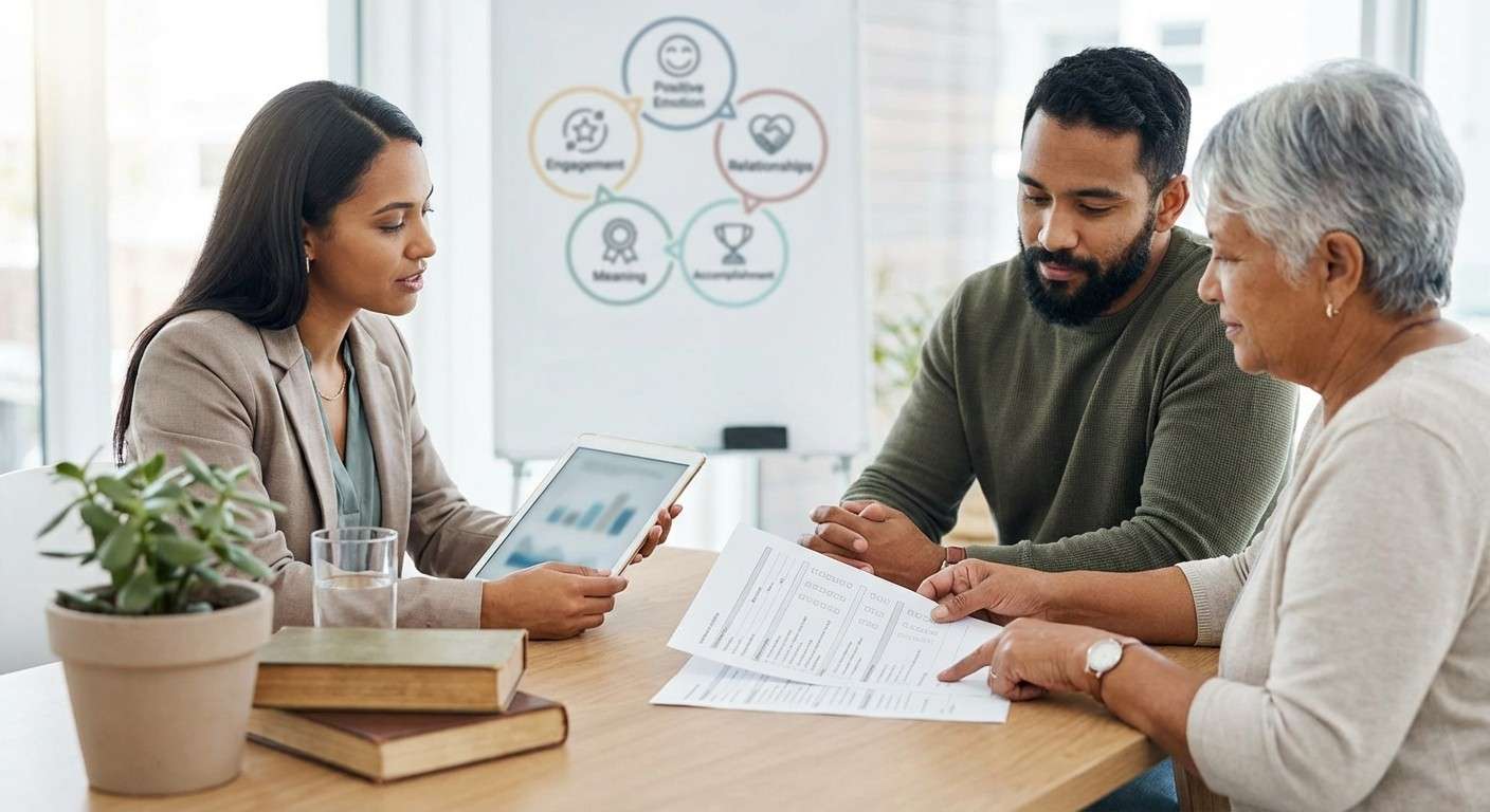 اینفوگرافیک مدل PERMA که پنج عنصر آن را نمایش می‌دهد: هیجان مثبت، درگیری، روابط، معنا، و پیشرفت.