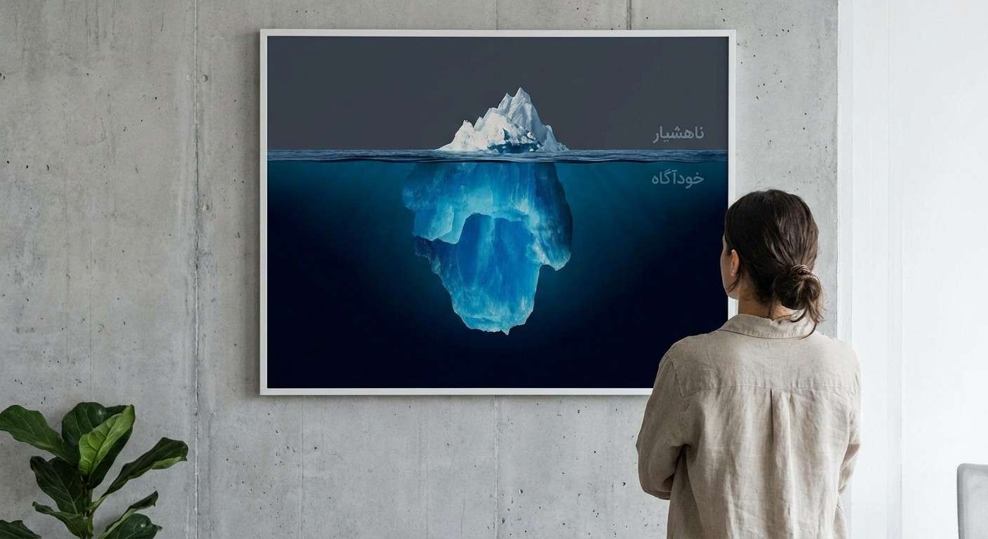 تصویر استعاری از کوه یخ که بخش بزرگ ناهشیار را در زیر آب نشان می‌دهد.