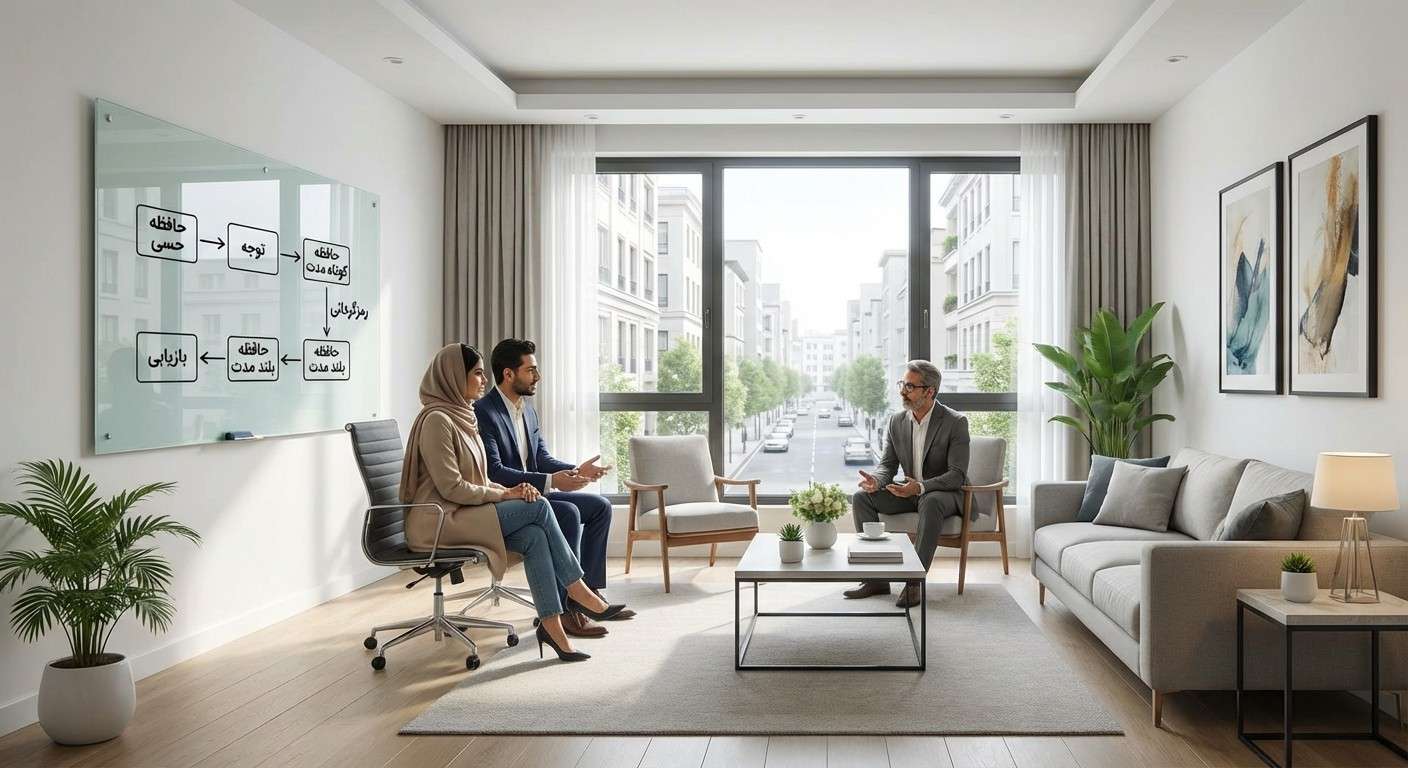 یک نمودار مفهومی که مدل پردازش اطلاعات ذهن را با فلش‌هایی بین حافظه حسی، کوتاه مدت و بلند مدت نشان می‌دهد.