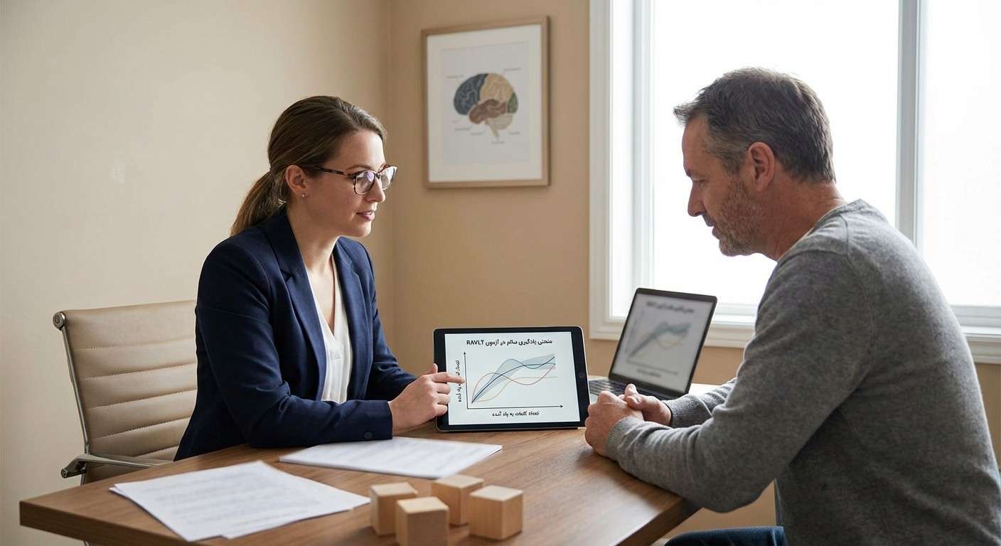 نمودار مفهومی یک منحنی یادگیری سالم در آزمون RAVLT که با هر کوشش، تعداد کلمات به یاد آمده افزایش می‌یابد.