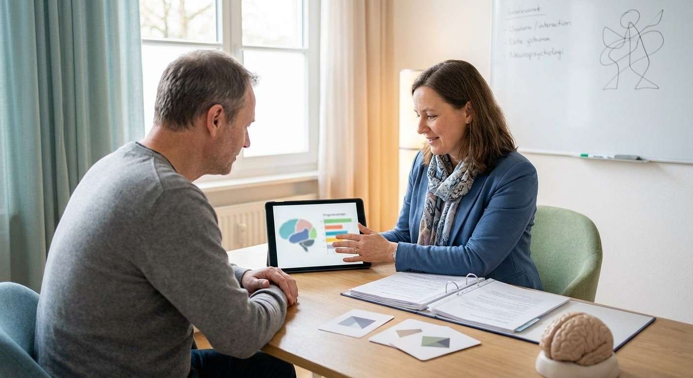 یک نوروسایکولوژیست در حال توضیح نتایج ارزیابی حافظه به یک مراجع در فضایی آرام و حمایتی.