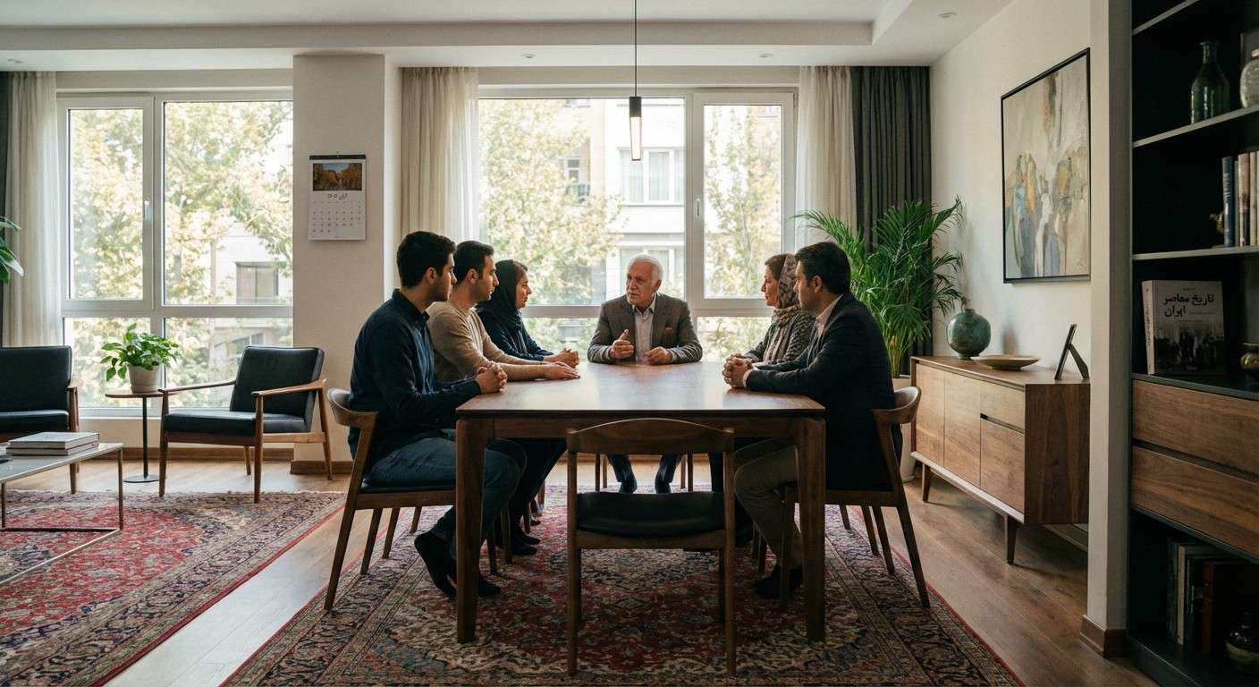 یک خانواده چند نسلی دور یک میز نشسته‌اند و با جدیت و احترام به صحبت‌های پدربزرگ خانواده گوش می‌دهند.