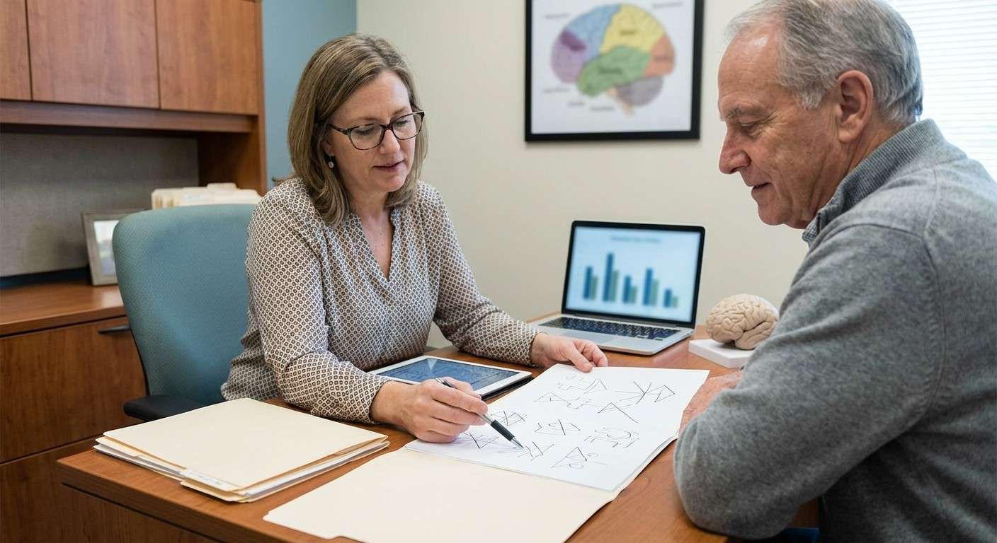 یک متخصص نوروسایکولوژی در حال تحلیل نقاشی‌های آزمون ROCF برای ارزیابی راهبردهای شناختی.