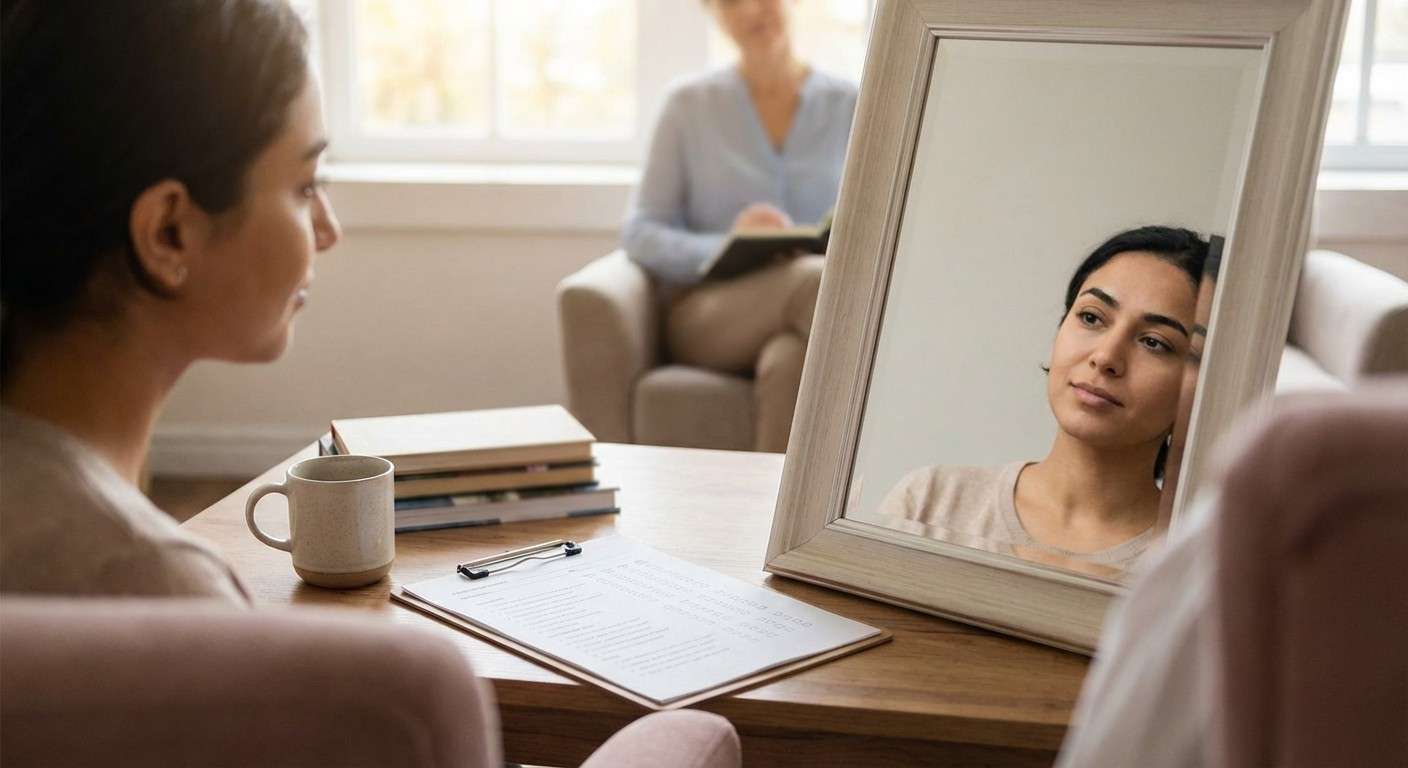 فردی که در آینه به تصویر خود با نگاهی متفکرانه و آرام می‌نگرد.