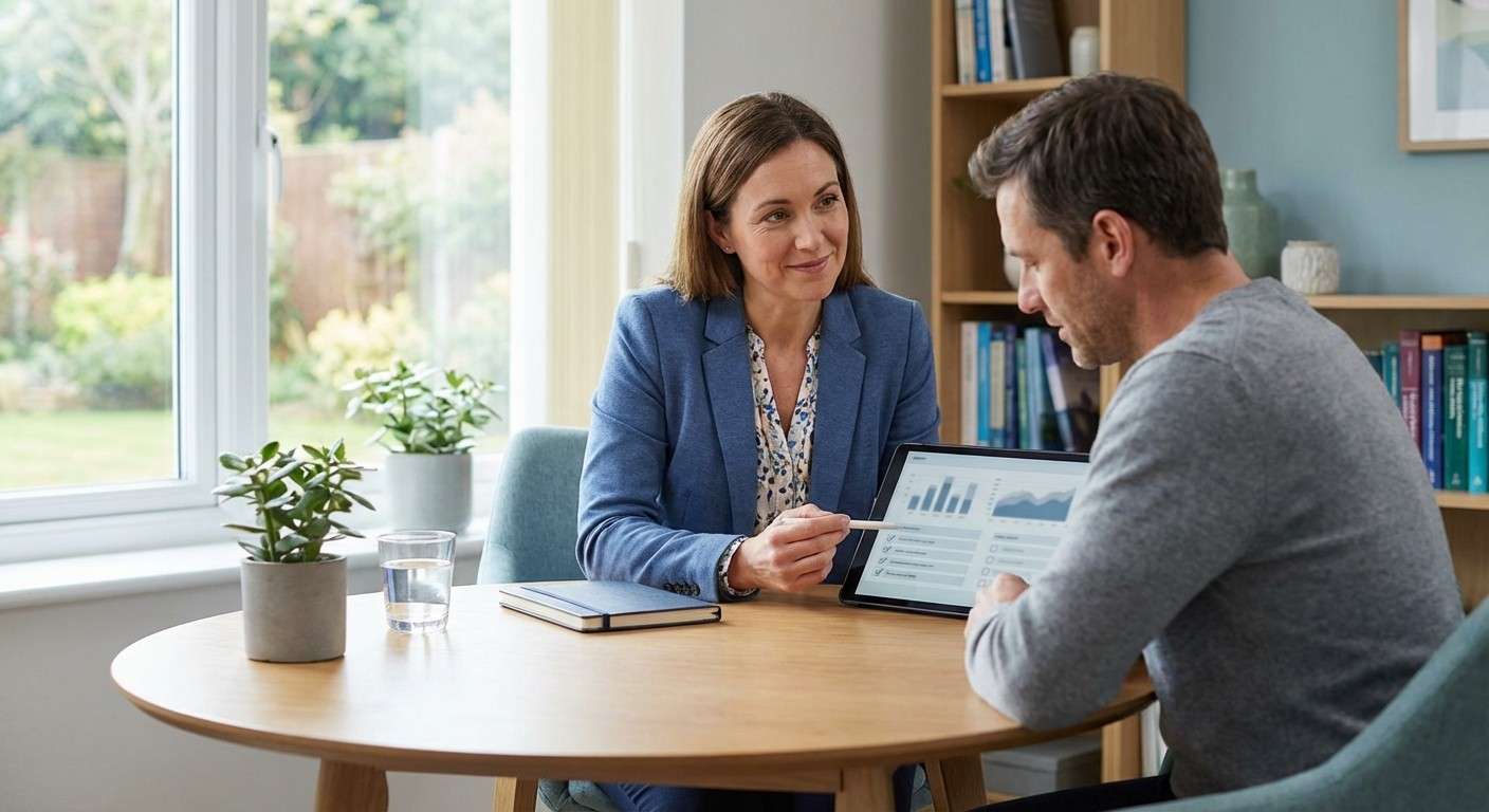 یک متخصص در حال گفتگو با مراجع و بررسی نتایج یک پرسشنامه بر روی تبلت برای برنامه‌ریزی مسیر درمان.