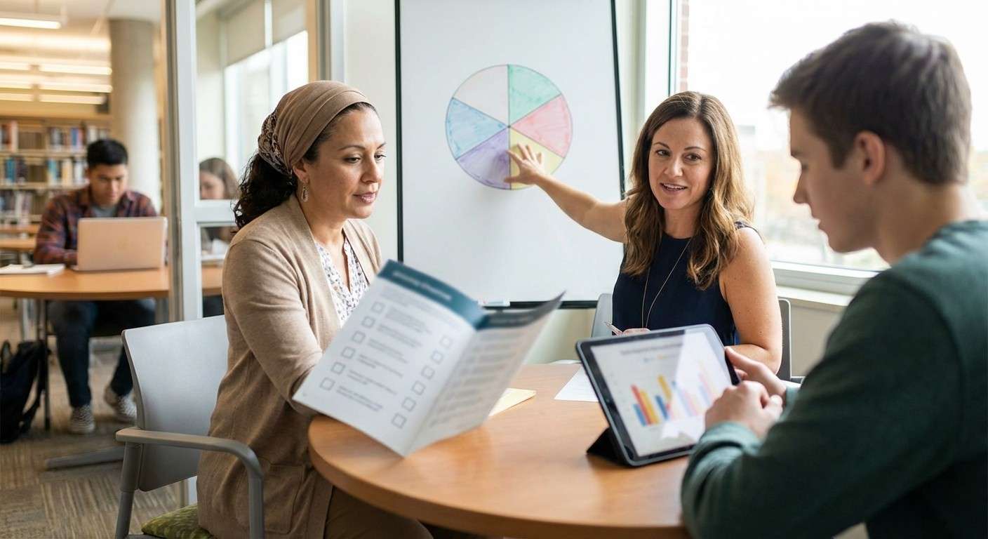 تصویری که چهار بخش آزمون SDS را نشان می‌دهد: فعالیت‌ها، توانایی‌ها، مشاغل و خودارزیابی.