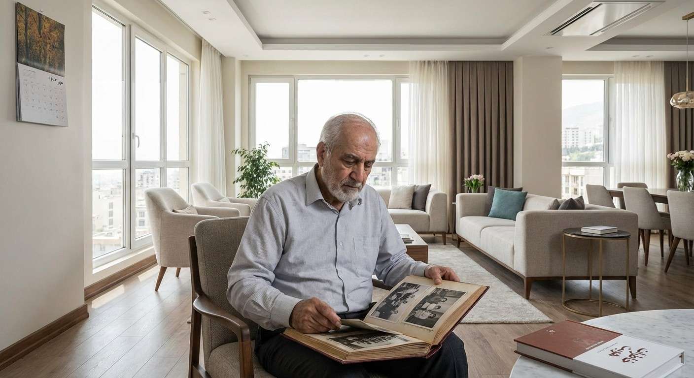 سالمندی که با نگاهی عمیق به عکس‌های قدیمی، در حال مرور خاطرات و هویت گذشته خود است.