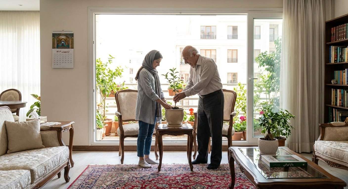 یک سالمند باافتخار در حال آموزش یک مهارت مانند باغبانی به نوه خود، نمادی از انتقال تجربه و احساس ارزشمندی.