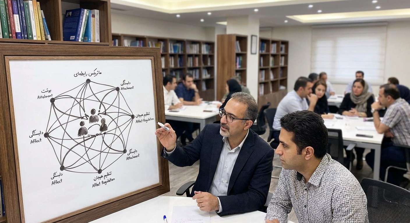 تصویری انتزاعی از شبکه‌ای درهم‌تنیده از خطوط و گره‌ها که افراد مختلف را به هم متصل می‌کند، نماد ماتریکس رابطه‌ای.