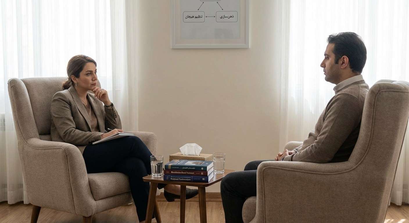 دو صندلی روبروی هم در یک اتاق آرام، که یکی از آن‌ها کمی به سمت دیگری متمایل است، نماد رابطه درمانی فعال و دوطرفه.