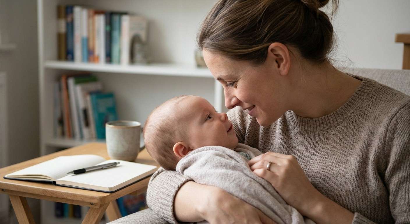 تصویر نزدیک از چهره یک مادر و نوزاد که با لبخند به هم نگاه می‌کنند و ارتباط چشمی عمیقی دارند.