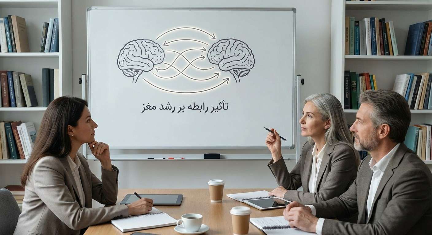 یک طرح گرافیکی ساده از دو مغز که با مسیرهای نورانی به یکدیگر متصل شده‌اند، نماد تأثیر رابطه بر رشد مغز.