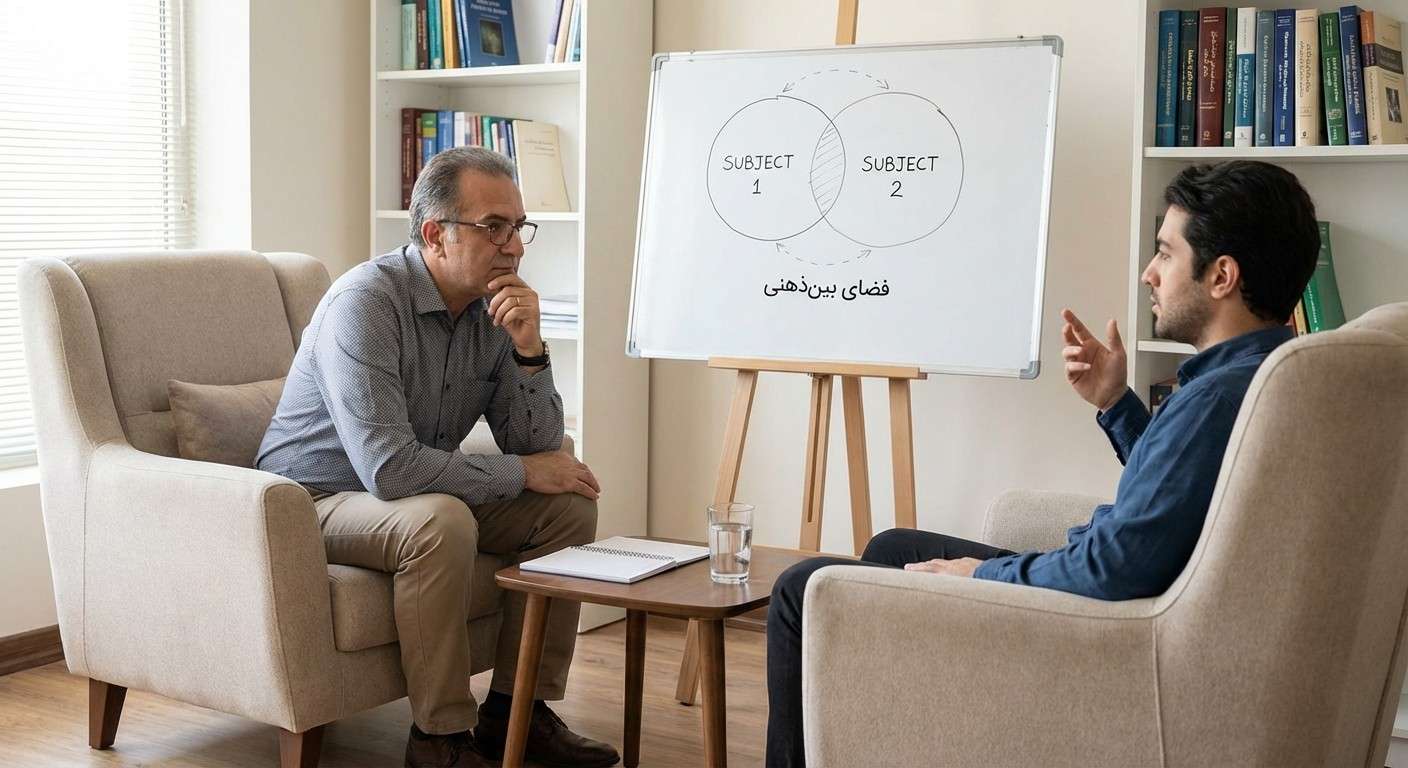 دو نیمرخ انسانی که با خطوط انرژی نامرئی به هم متصل شده‌اند، نمادی از فضای بین‌ذهنی.