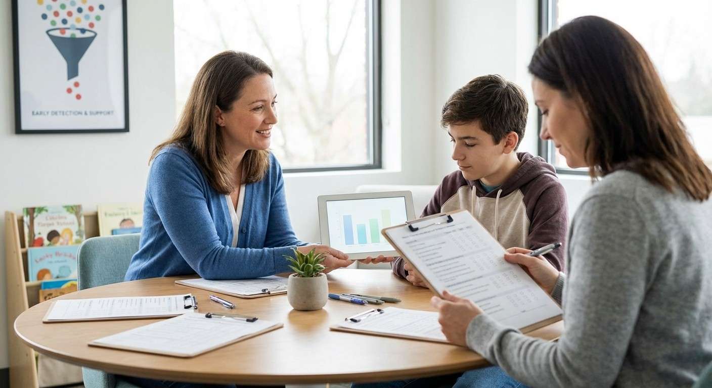 یک قیف که در بالای آن تعداد زیادی نقطه رنگی (نماینده جمعیت عمومی) وارد می‌شود و در پایین آن تعداد کمی نقطه قرمز (نماینده افراد نیازمند توجه بیشتر) خارج می‌شود.