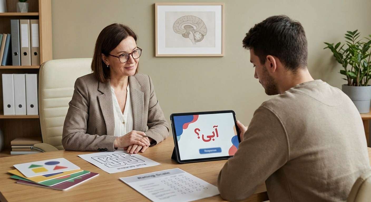 نمایش گرافیکی اثر استروپ: کلمه آبی که با رنگ قرمز نوشته شده و یک علامت سوال در کنار آن قرار دارد.