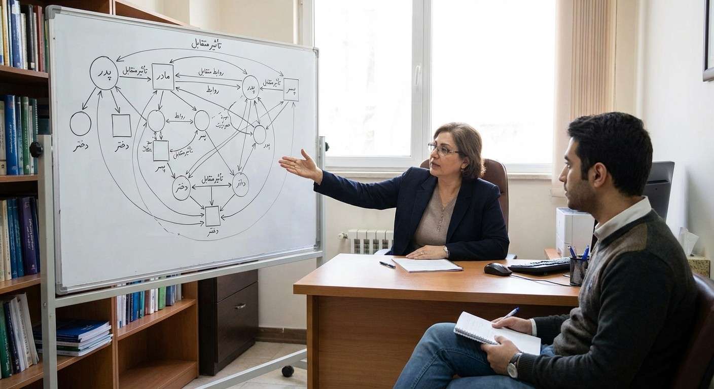 نموداری از یک سیستم خانواده با اعضای متصل به هم که نشان‌دهنده روابط و تأثیرات متقابل است.