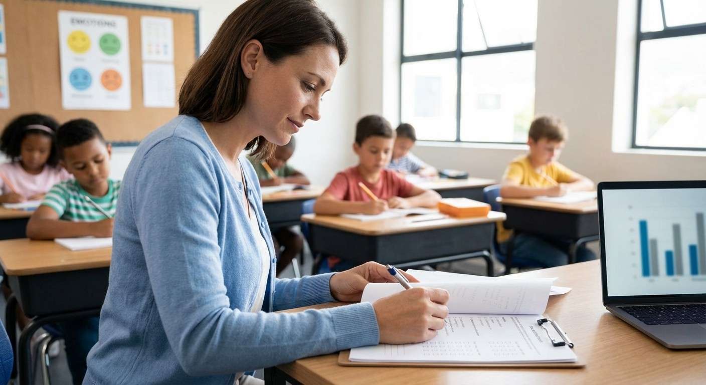 معلمی که با نگاهی دقیق و همدلانه در حال تکمیل یک فرم گزارش روی میز کارش است و در پس‌زمینه دانش‌آموزان در کلاس درس دیده می‌شوند.