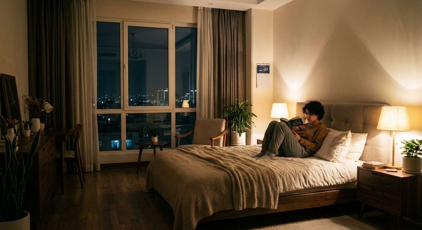 نوجوانی که در اتاق خواب آرام و کم‌نور خود در حال خواندن کتاب کاغذی قبل از خواب است.