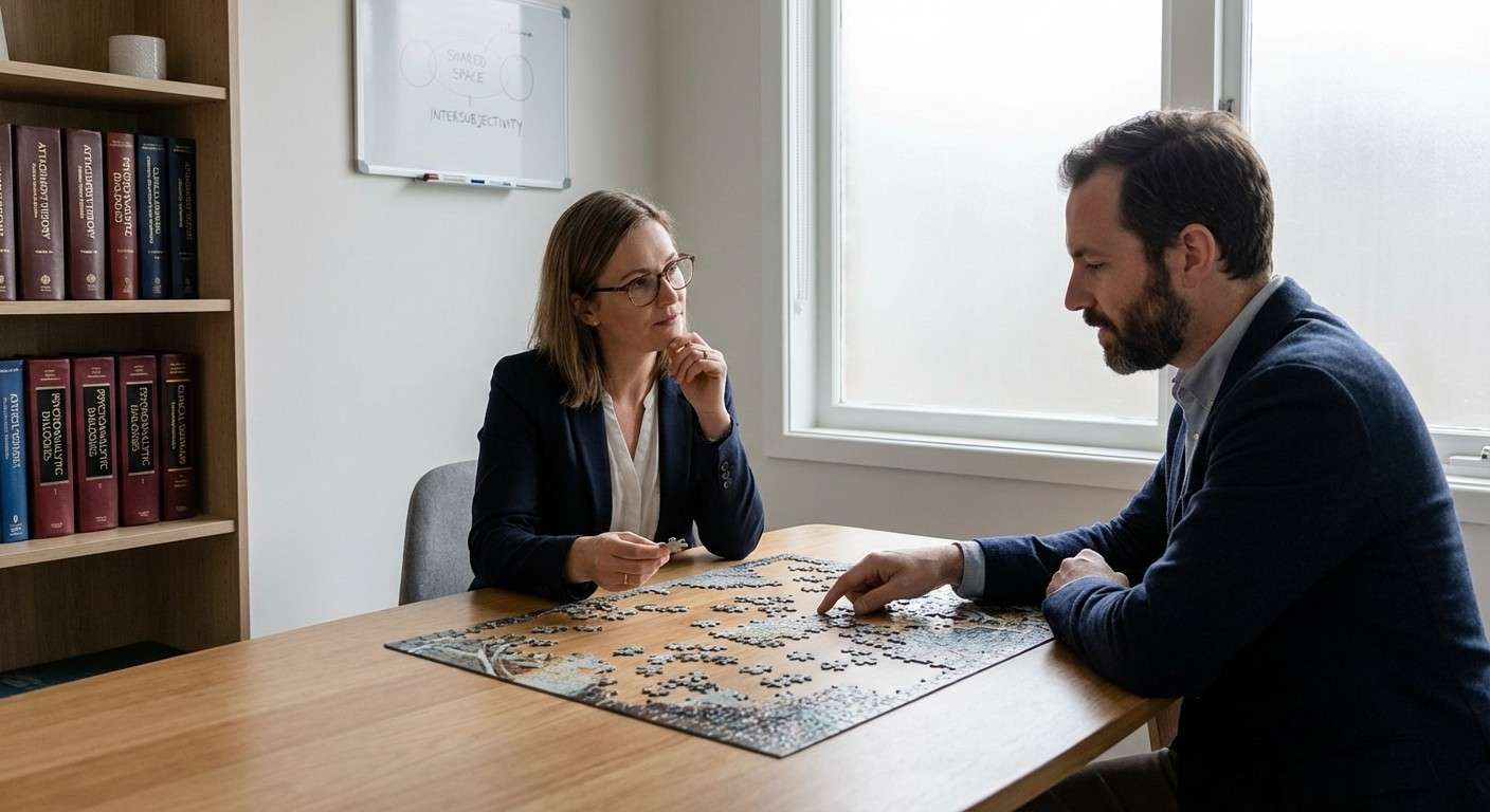 دو نفر در حال ساختن یک پازل پیچیده با هم، نمادی از خلق یک فضای مشترک و حل مسئله دو نفره.