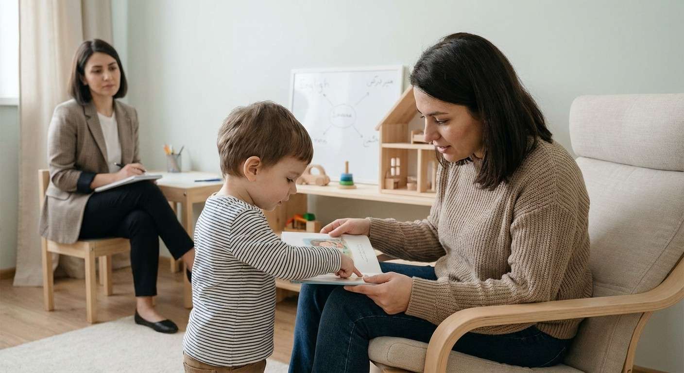 یک والد و فرزند که با تمرکز کامل در حال خواندن یک کتاب داستان با هم هستند، غرق در دنیای مشترک خود.