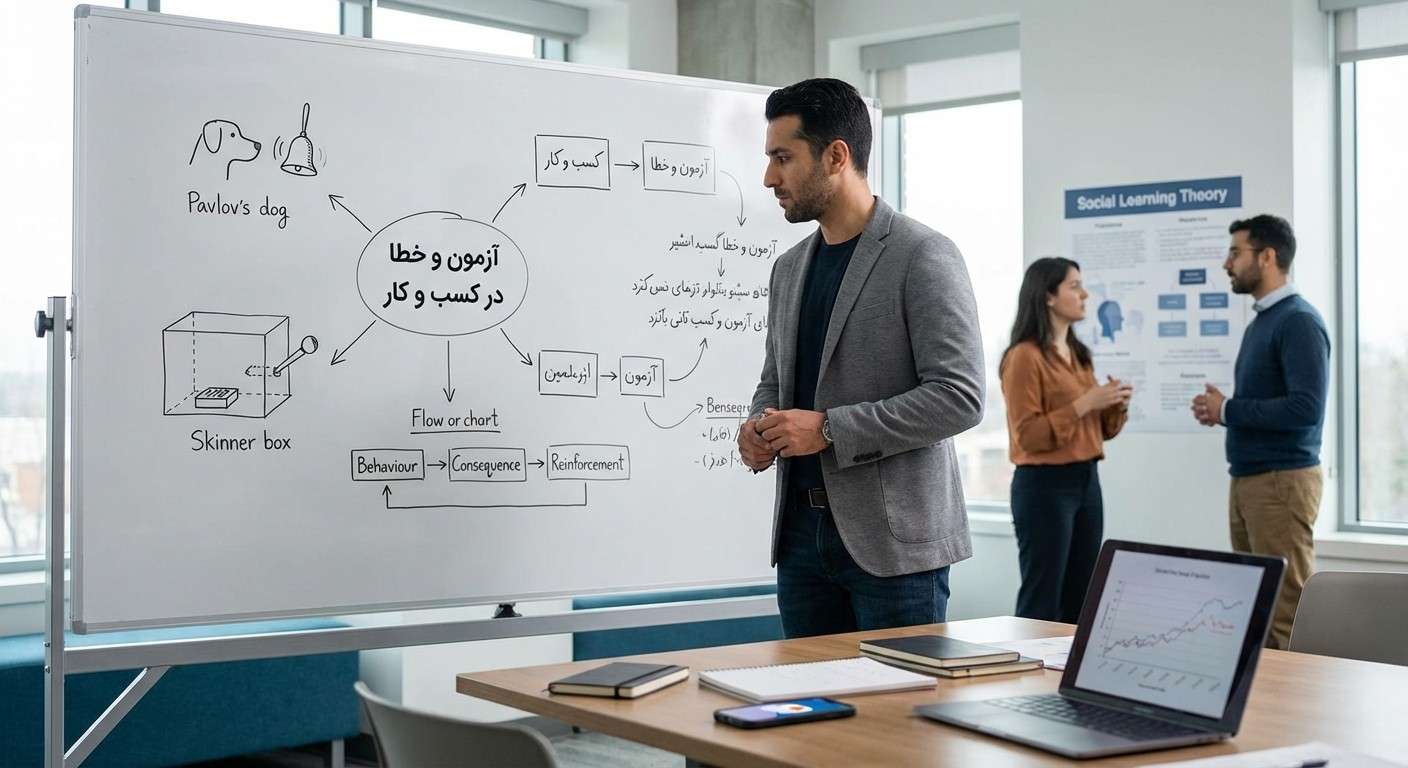 یک کارآفرین در حال کار با تخته وایت‌برد پر از ایده‌ها و نمودارها، که نماد فرآیند آزمون و خطا در کسب و کار است.