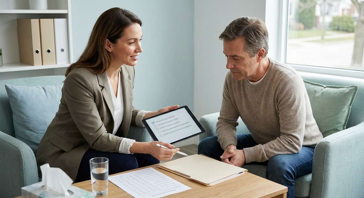 یک درمانگر در حال صحبت همدلانه با مراجع خود در یک محیط درمانی امن و آرام.