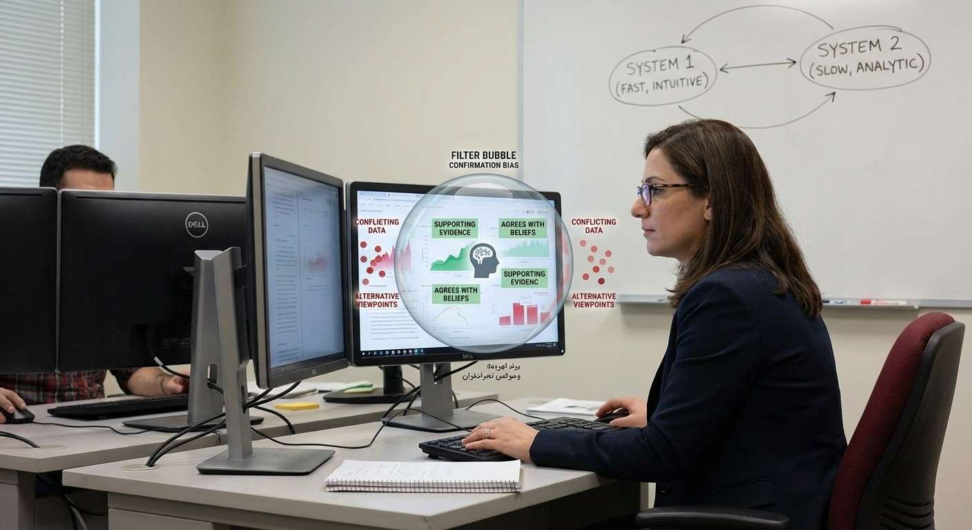 فردی که در یک حباب فیلتر قرار دارد و تنها اطلاعاتی را می‌بیند که باورهایش را تأیید می‌کنند.