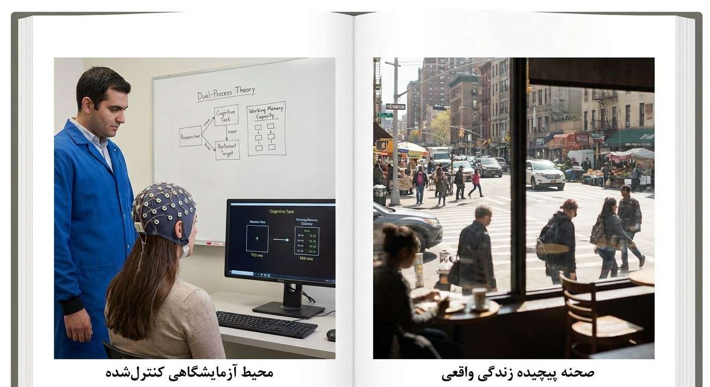 تصویری که تضاد بین یک محیط آزمایشگاهی کنترل‌شده و یک صحنه پیچیده از زندگی واقعی را نشان می‌دهد.