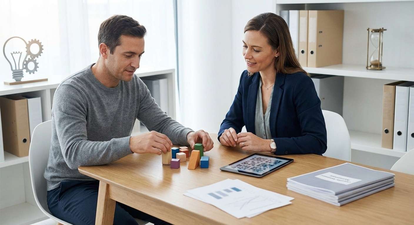 تصویری از یک ساعت شنی در کنار نمادهای هوش مانند لامپ و چرخ‌دنده، نماد ارزیابی سریع و کارآمد.