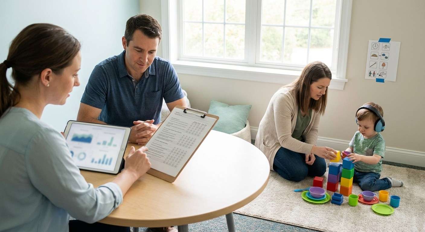 نمایی از ابزارهای مورد استفاده در آزمون ADOS-2 مانند کتاب داستان، پازل و اسباب‌بازی‌های ساختاریافته