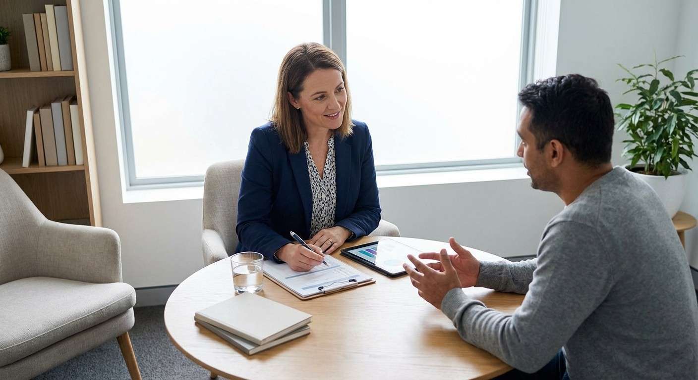 یک جلسه مشاوره آرام که در آن متخصص با دقت به صحبت‌های مراجع گوش می‌دهد و یادداشت برمی‌دارد.