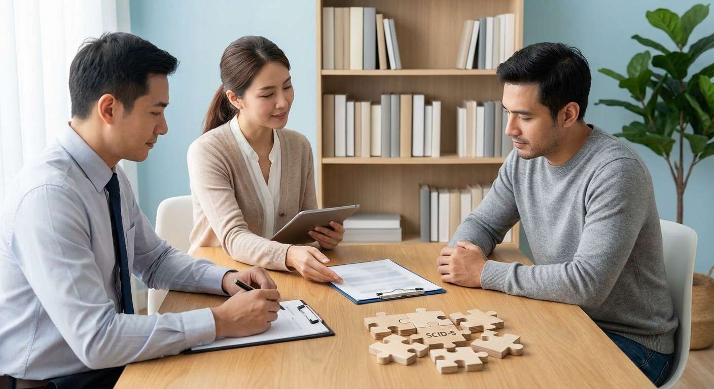 تصویر مفهومی از پازل تشخیص روانپزشکی که در آن SCID-5 قطعه مرکزی و ابزارهای دیگر قطعات مکمل هستند.